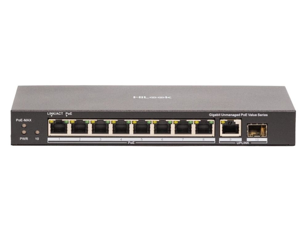 Switch PoE supraveghere IP HiLook NS-0510P-80(B), 8 porturi Gigabit, 1xRJ45, 1xSFP, 80W, fara management, protectie 6kV, fara ventilator