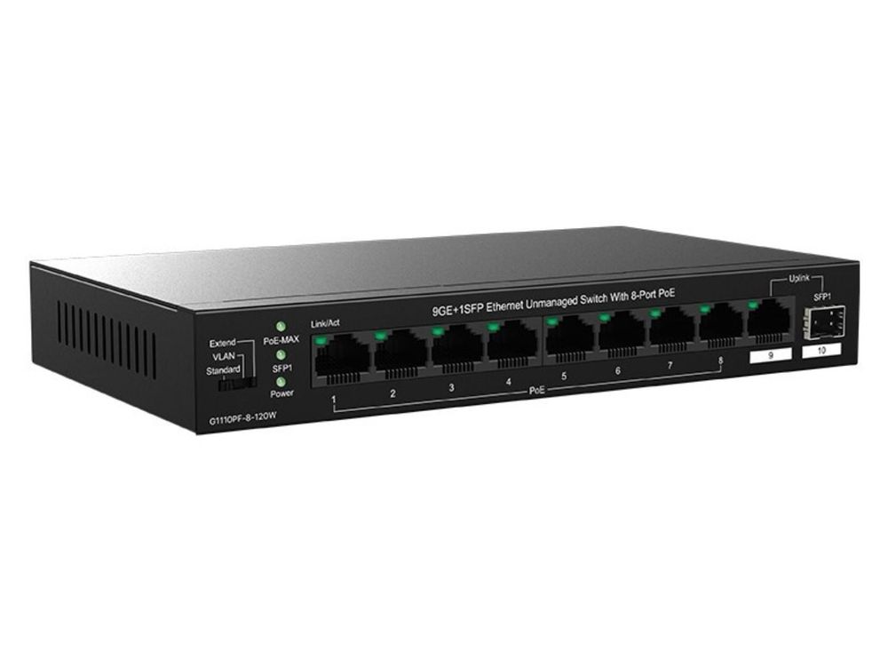 Switch PoE Tenda TND-TEG1110PF-8-120W, 8 porturi PoE+ 1Gbps, 1 port RJ45 uplink, 1 port SFP, 110W, VLAN, Extend 250m, 20Gbps