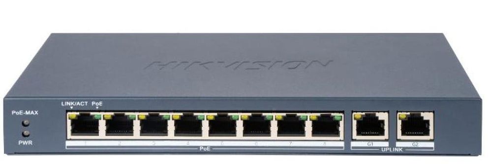 Switch PoE Unmanaged Fast Ethernet, 8 porturi 10/100 Mbps PoE, 2 porturi Gigabit, protectie 6kV, raza lunga 300m, Hikvision DS-3E0310P-E/M(B)