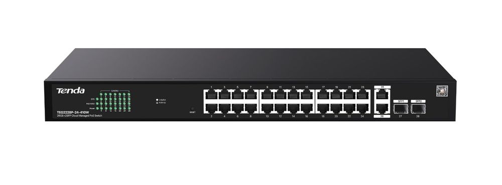 Switch retea PoE+ Tenda TND-TEG2228P-24-410W, 24 porturi PoE+, 370W, 2 SFP, Gigabit, protectie 6KV, management cloud