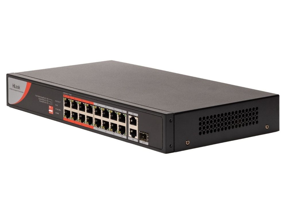 Switch retea PoE HiLook NS-0326P-230(C), 24 porturi Fast Ethernet, 1xRJ45 Gigabit, 1xRJ45/SFP combo, fara management, 230W, PoE inteligent, protectie 6KV