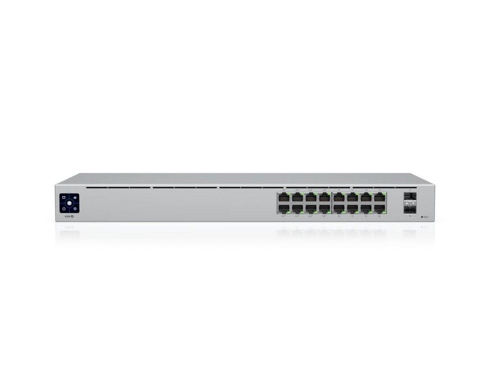 Switch 18 porturi, Ubiquiti USW-16-POE, 16x porturi PoE Gigabit RJ45, 2 porturi SFP Gigabit, 42W, management, montare in rack