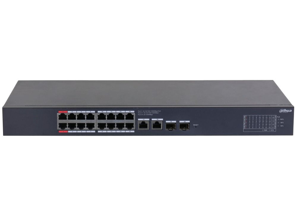 Switch Dahua CS4220-16GT-240, 20 porturi, 16x PoE Gb, 2x RJ45 Gb, 2x SFP Gb, 240 W, cu management, Watchdog