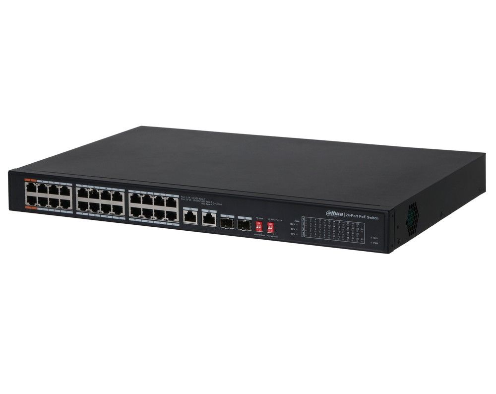 Switch cu 28 de porturi, 24x PoE pana la 240W, 2x RJ-45 Gigabit, 2x SFP Gigabit Dahua, PFS3226-24ET-240