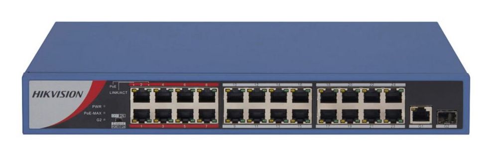 Switch 24 Porturi PoE Hikvision DS-3E0326P-E/M(B), 1x SFP Gigabit, 1x Rj-45 Gigabit, 230W Total, 30W / port, transmisie pe 300m