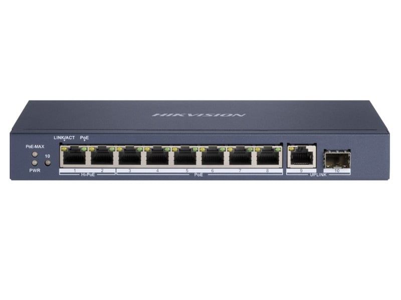 Switch 10 porturi, Hikvision DS-3E0510HP-E, 6x Poe Gb, 2x Hi-PoE Gb, 1x RJ45 Gb, 1x SFP, pana la 120W, Watchdog