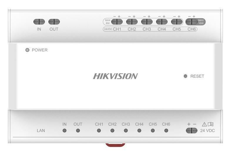 Distribuitor cu 2 fire, 6 porturi, 8 indicatori de interfata, 1x RJ45, montare sina DIN, 24V, Hikvision DS-KAD706Y