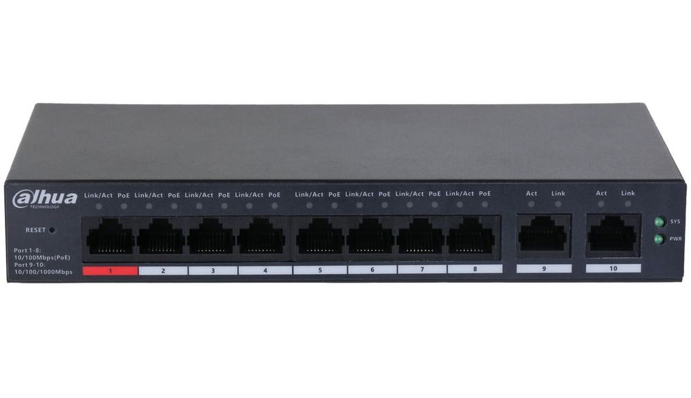 Switch Dahua cu management, 8x porturi PoE 10/100 Mbps si 2x RJ-45 10/100/1000 Mbps (uplink), CS4010-8GT-110