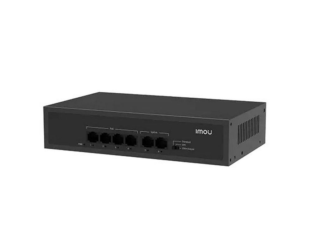 Switch PoE Imou SF106P, 4 porturi PoE, 2 porturi uplink, buget 45W, mod extins 250m, protectie 4kV