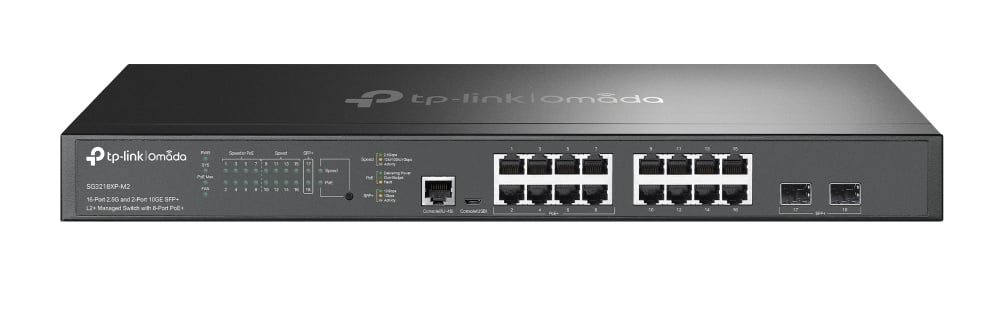 Switch Omada Tp-Link SG3218XP-M2, 16 porturi 2.5G, 8 porturi PoE, 2 porturi SFP+, Buget PoE 240W, Management in Cloud