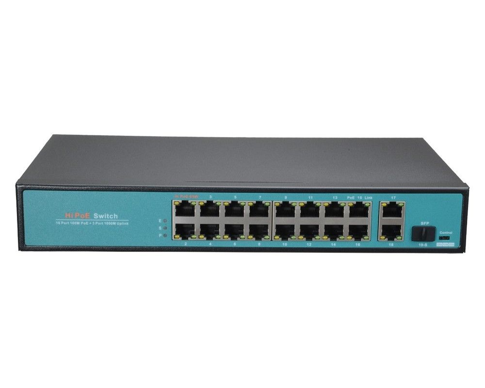Switch PoE 16 porturi, 300W, 1 port SFP, Safer SW1916-F-300-HIPOE