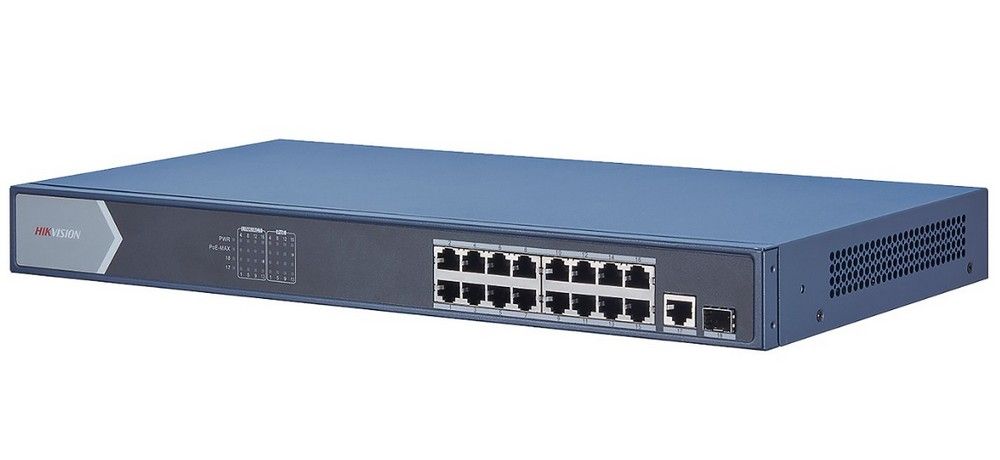 Switch PoE Hikvision DS-3E0518P-E, 18 porturi, 16x PoE Gigabit, 1x RJ45 Gb, 1x SFP Gb, 230W, carcasa metalica
