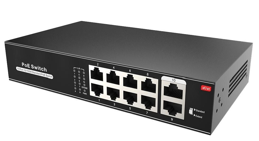 Switch PoE+, cu 8 + 2 porturi 100 Mbps, PoE/QOS/VLAN/CCTV, 100W, Safer SW1008POE-100-E