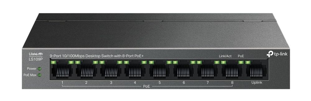 Switch PoE 9 porturi Tp-Link LS109P, 8x porturi PoE+, 1x port RJ45 10/100Mbps, max 63W, fara management