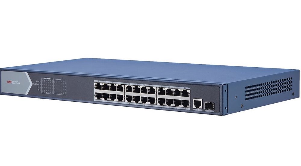 Switch PoE 26 de porturi, Hikvision DS-3E0526P-E, 24x PoE Gigabit, 1x Rj45 Gigabit, 1x SFP Gigabit, 370 W, carcasa metalica
