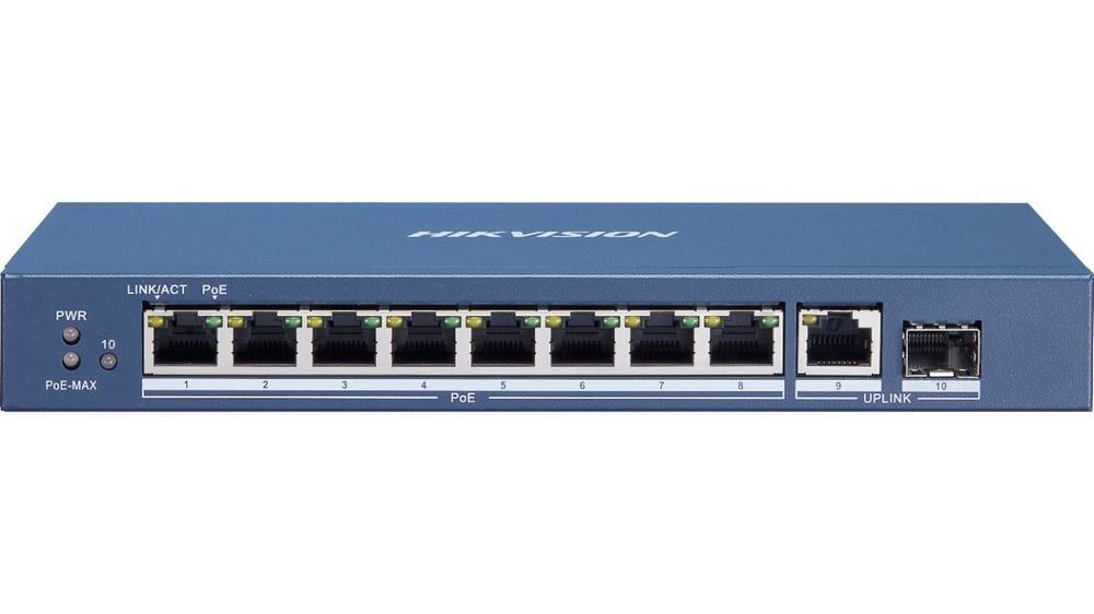 Switch PoE cu 8+2 Porturi Gigabit, SFP, fara management, 58W, Hikvision DS-3E0510P-E/M