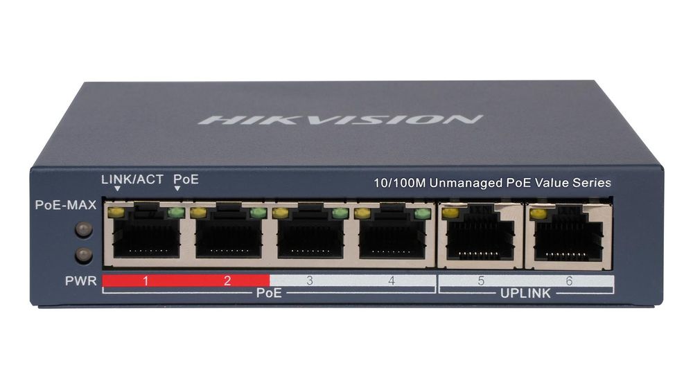 Switch PoE Hikvision DS-3E0106P-E/M(B), 6 porturi, 4x PoE 10/100 Mbps, 2x RJ45, 35W, 30W/port, transmisie 300m, fara management