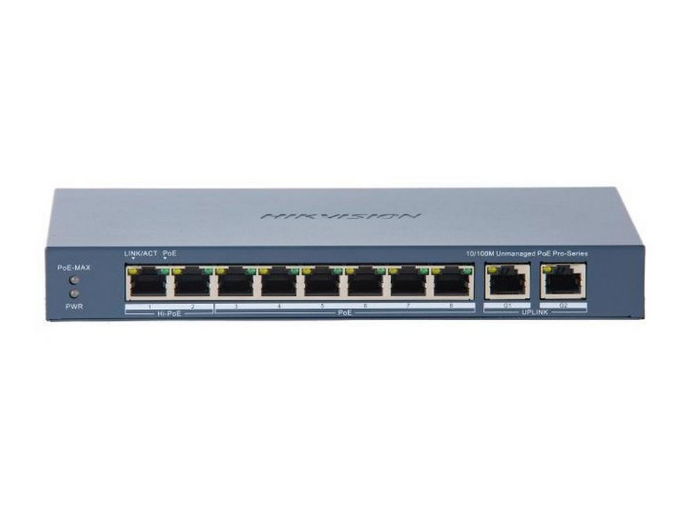Switch PoE Hikvision DS-3E0310HP-E(C), 8 porturi PoE, 2 porturi Gigabit RJ45, putere PoE 110W, 6kV