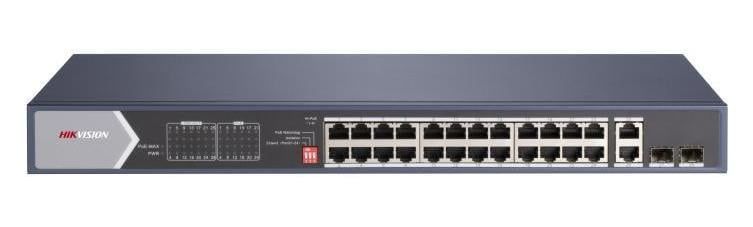 Switch PoE Hikvision DS-3E0528HP-E, 24 porturi Gigabit, 2x SFP, 2x uplink RJ45, 90W, protectie 6kV