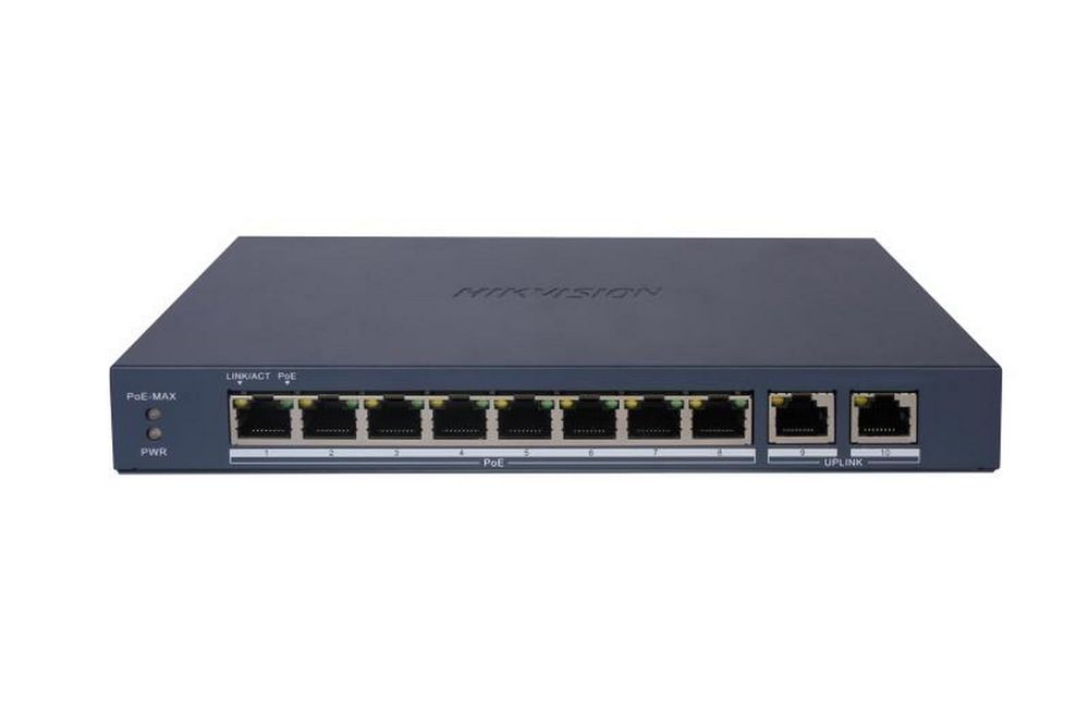 Switch PoE Hikvision DS-3E1510P-EI/M(B), 8 porturi PoE, 2 porturi RJ45, transmisie PoE 300m, Watchdog, 6kV