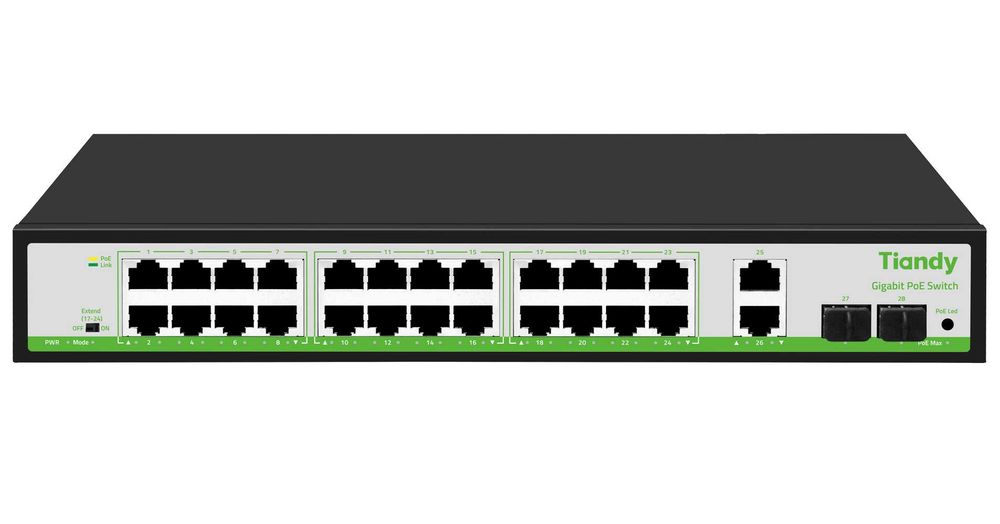 Switch PoE Tiandy, 24 porturi Gigabit, 2x Uplink, 2x SFP, 56Gbps, 280W PoE, TC-P3S028-G2422AT280