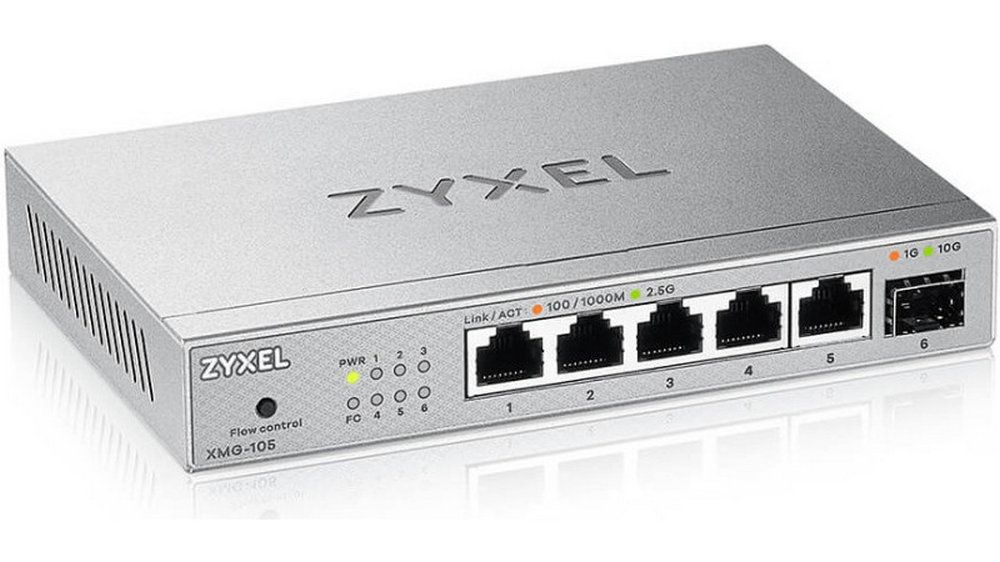 Switch retea birou Zyxel XMG-105-ZZ0101F, 5 porturi 2.5G, uplink 10G SFP+, fara management, QoS, montaj perete