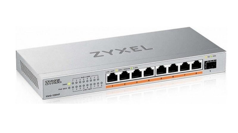 Switch retea home si birou Zyxel XMG-108HP-EU0101F, 8 porturi 2.5G PoE++, buget 100W, uplink 10G SFP+, fara management si ventilator