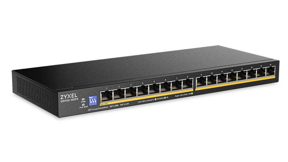 Switch retea PoE Zyxel GS1100-16EPS-EU0101F, 16 porturi GbE, PoE+ 135W, fara management, design compact, DIP switch