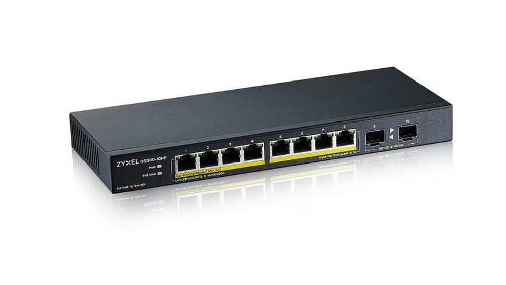 Switch retea Zyxel GS1100-10HP-EU0102F, 8 porturi Gigabit PoE+, 2 porturi SFP Gb, buget PoE 130W, fara management