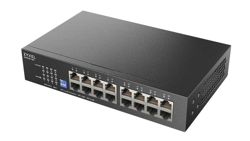 Switch retea Zyxel GS1100-16S-EU0101F, 16 porturi Gigabit, fara management, 32Gbps, fara ventilator, montare in rack sau pe perete