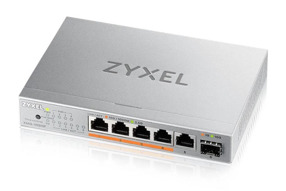 Switch retea Zyxel XMG-105HP-EU0101F, 5 porturi 2.5G, 1x SFP+ 10G, 4x PoE++ 60W, buget PoE 70W, fara management si ventilator