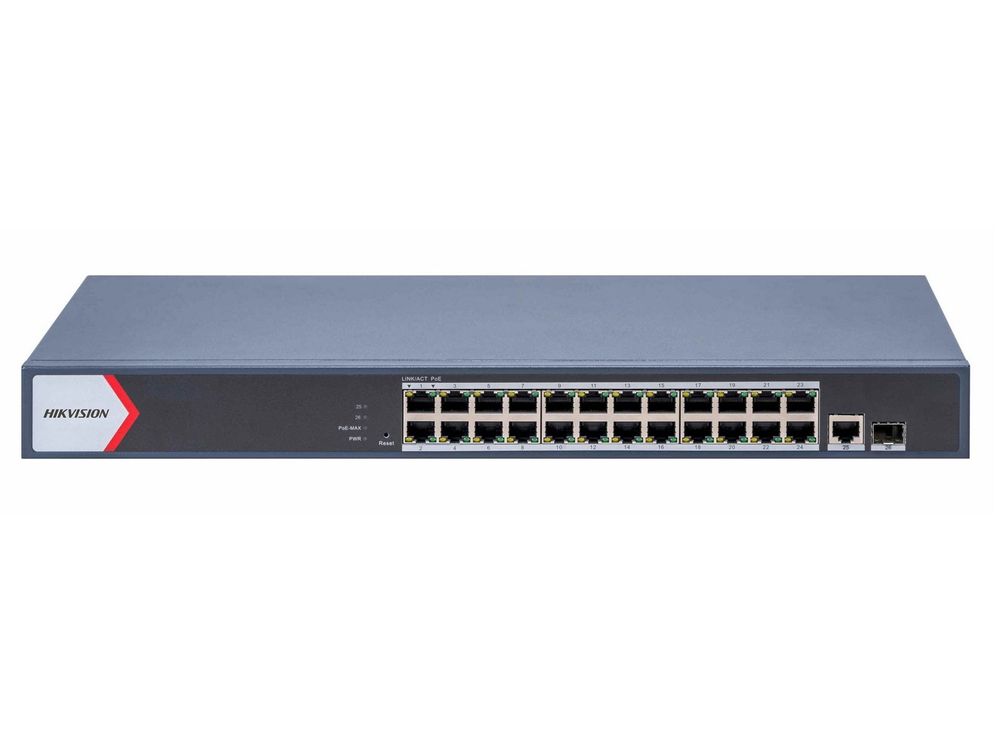 Switch smart Hikvision DS-3E1526P-EI/M, 24 porturi PoE, 1 port RJ45, 1 port SFP, putere PoE 230W, 6kV