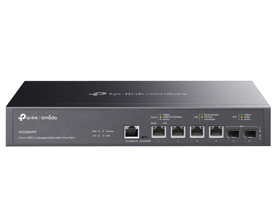 Switch PoE, Tp-Link SX3206HPP, 7 porturi, 4x 10G PoE++, 2x 10G SFP+, 1x RJ45 consola, 200W, cu management, montare in rack