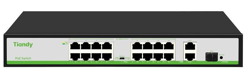 Switch PoE Tiandy, 16 porturi PoE, 180W, VLAN/Extend, AI Mode, TC-P3S019-H1621AT180