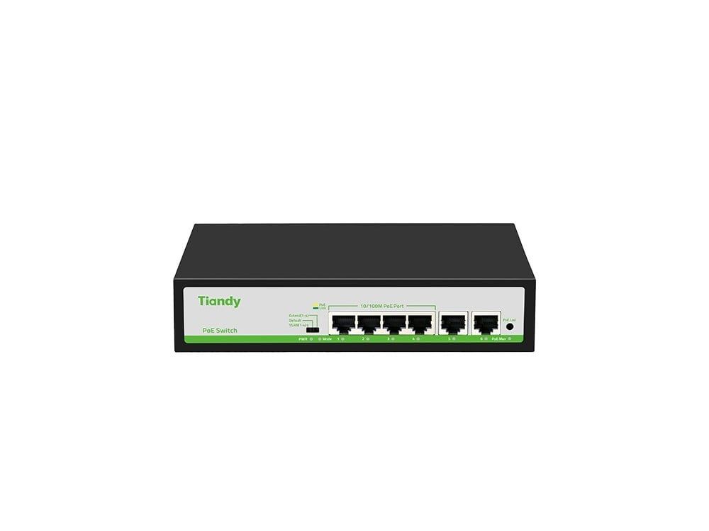 Switch PoE, 6 porturi, 4x 10/100Mbps PoE, 2x 10/100Mbps RJ45 Uplink, Tiandy TC-P3S06-F0420AT55