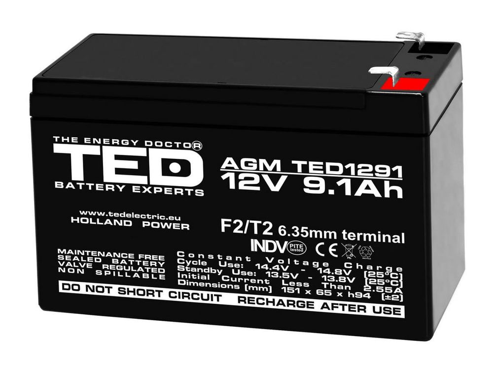 Baterie 12V, 9.1Ah, TED TED003263, plumb acid, terminale F2/T2, 151x 65x 99mm