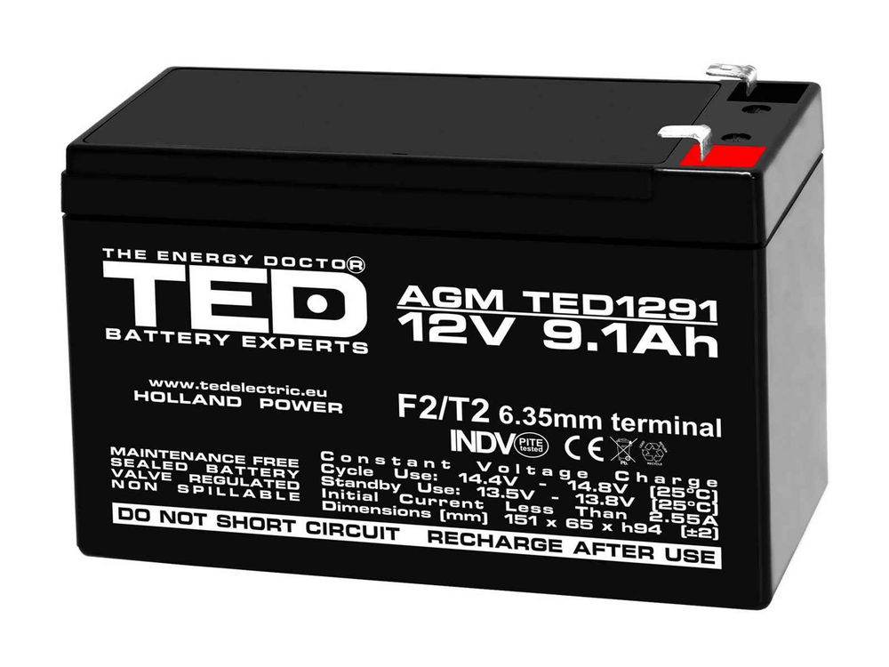 Acumulator TED1291, 12V, 9.1Ah, terminal F2, T2, tehnologie VRLA AGM