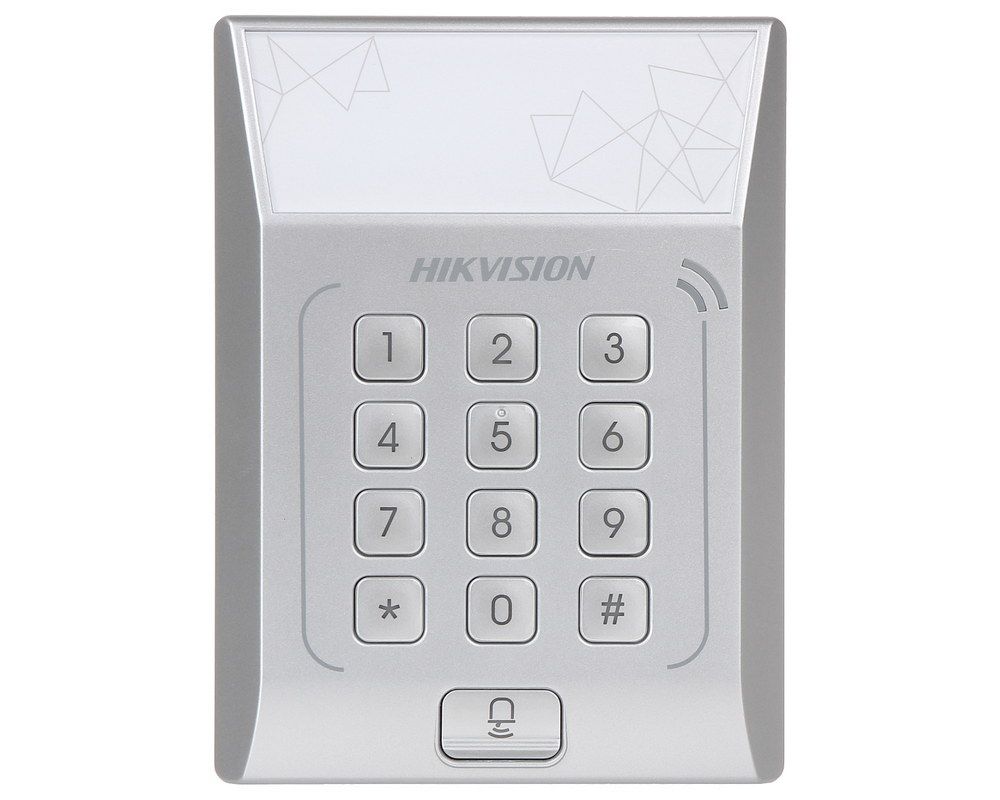 Terminal de control acces standalone cu Tastatura, PIN + card Mifare 13.56 Mhz, Hikvision DS-K1T801M, 3000 utilizatori, Memorie, Led, Beep