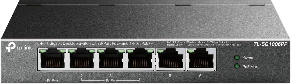 Switch TP-Link TL-SG1006PP, 6 Porturi Gigabit 3 PoE+ si 1 PoE++, 67W, Desktop, Metalic, Plug and Play