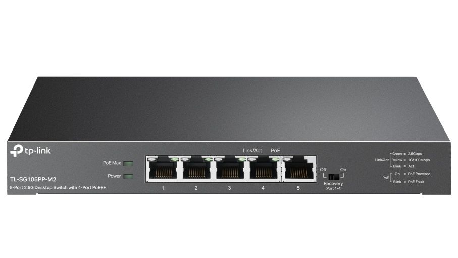 Switch 5 porturi Gigabit RJ45, Tp-Link TL-SG105PP-M2, 4x porturi PoE++, 123W, capacitate 25Gbps, plug and play