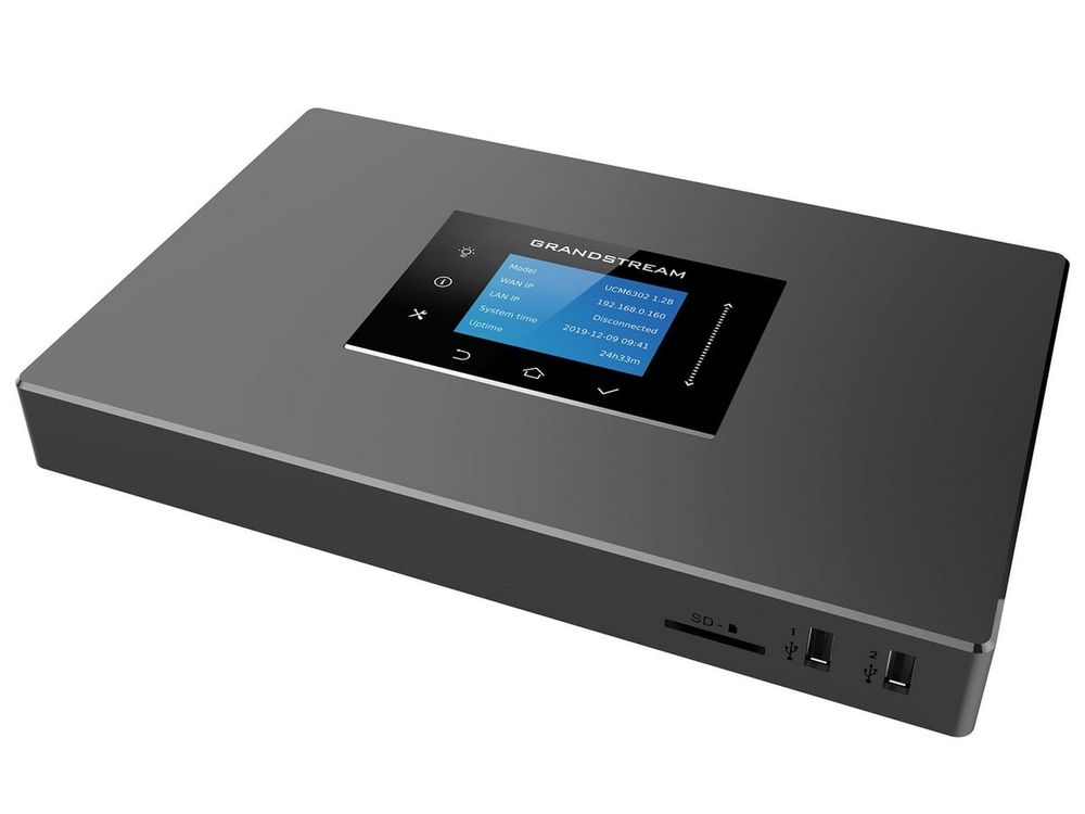 Centrala telefonica Grandstream IP PBX, 1000 utilizatori, ecran LCD, PoE+, 4x Rj11, 3x RJ45, 2x porturi USB, slot card SD, UCM6302