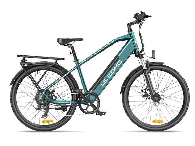 Bicicleta electrica Ulzomo ULZM26-GR, autonomie 100km, 250W, 36V 17Ah, 7 trepte viteza max. 25km/h, LDC, verde, anvelope 26x1.95 inch