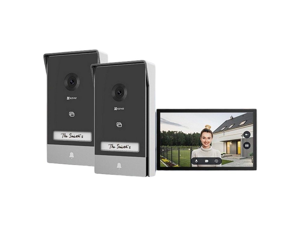 Kit videointerfon Ezviz CS-HP7 (3MP2-Entry Kit), Rezolutie 2K, TCP/IP Wi-Fi, Monitor 7 inch, 2 posturi exterioare, deblocare cu card RFID sau din aplicatie