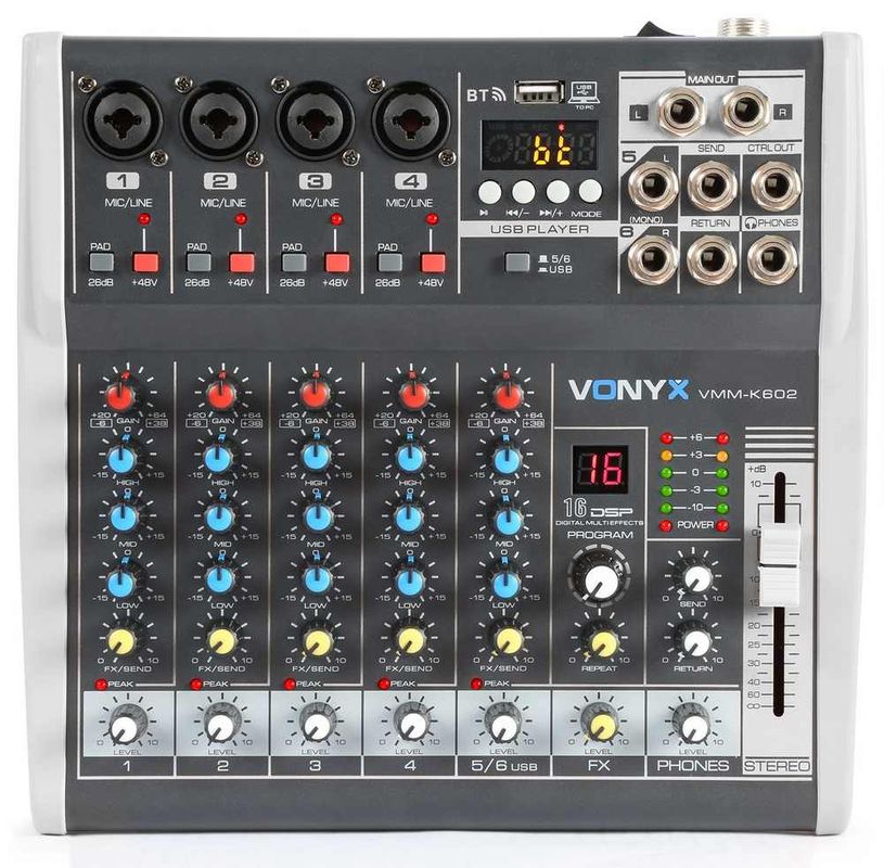 Mixer analog pasiv, 6 canale, Bluetooth, USB, XLR, alimentare Phantom, Vonyx VMM-K602