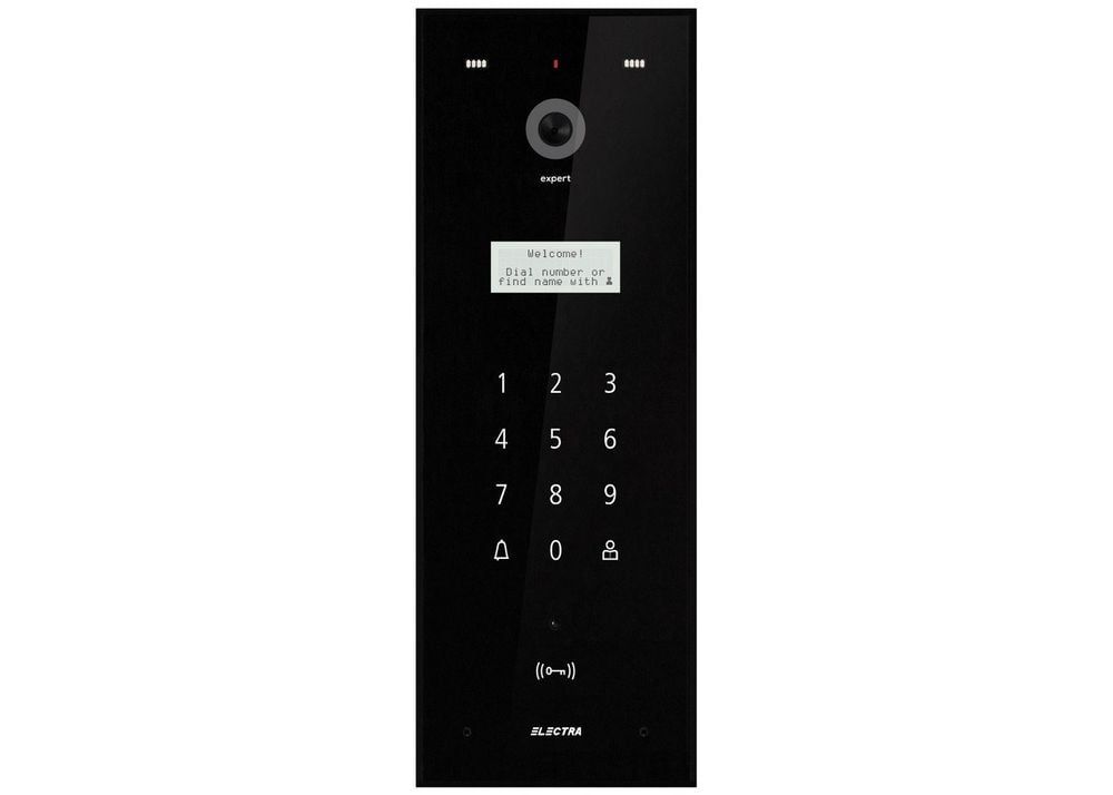 Post exterior videointerfon pentru blocuri, 255 apartamente, card RFID, negru, aparent, IP44, protectie ploaie, Electra Touch Line VPE.0BSC3.ELBTL