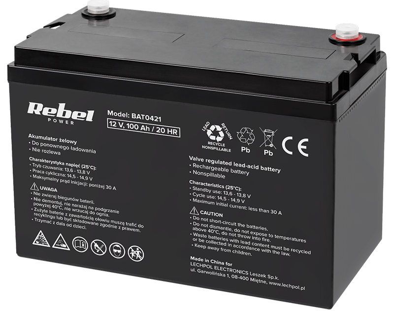 Acumulator cu gel, 12V, 100Ah, rezistenta interna 7 mOhm, Rebel BAT0421
