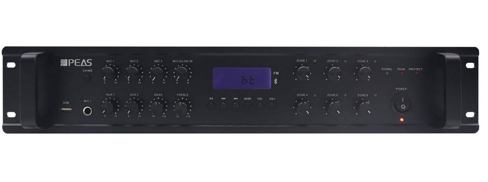 Mixer amplificator PA PEAS MA-612P, 6 zone, 120W, USB, 2x intrari AUX, 3x MIC XLR, 1x MIC Jack 6.35mm, Bluetooth