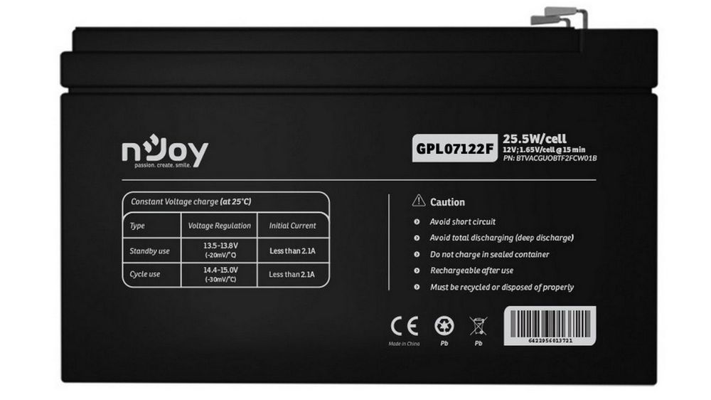 Baterie VRLA AGM, 12V, 7 Ah, pentru UPS-uri, Long life, Njoy, GPL07122F