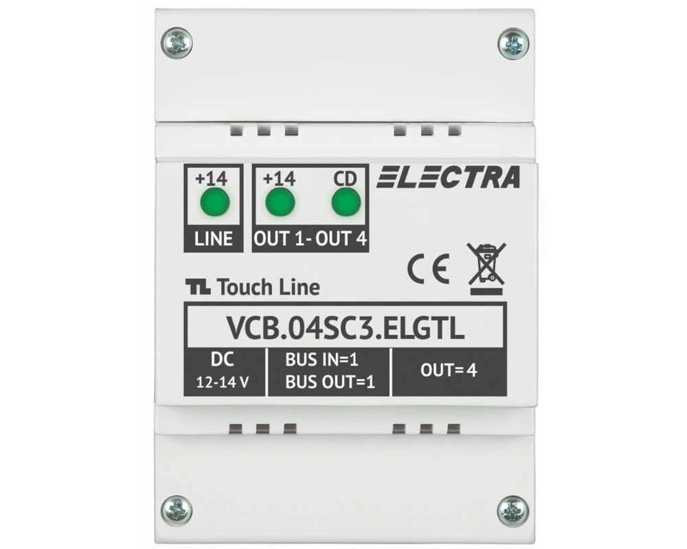 Doza derivatie pentru interfoanele Electra Touch Line cu 4 fire, 1-4 familii, montaj pe sina DIN, VCB.04SC3.ELGTL