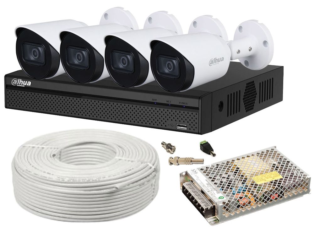 Kit supraveghere 4 camere cu accesorii, IR 20 metri, DVR cu AI, Dahua KIT4X2MP20DAH